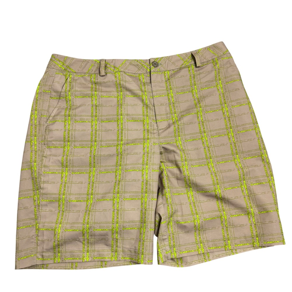 Under Armour Mens Performance Golf Shorts Tan Lime Green Plaid Size 40R